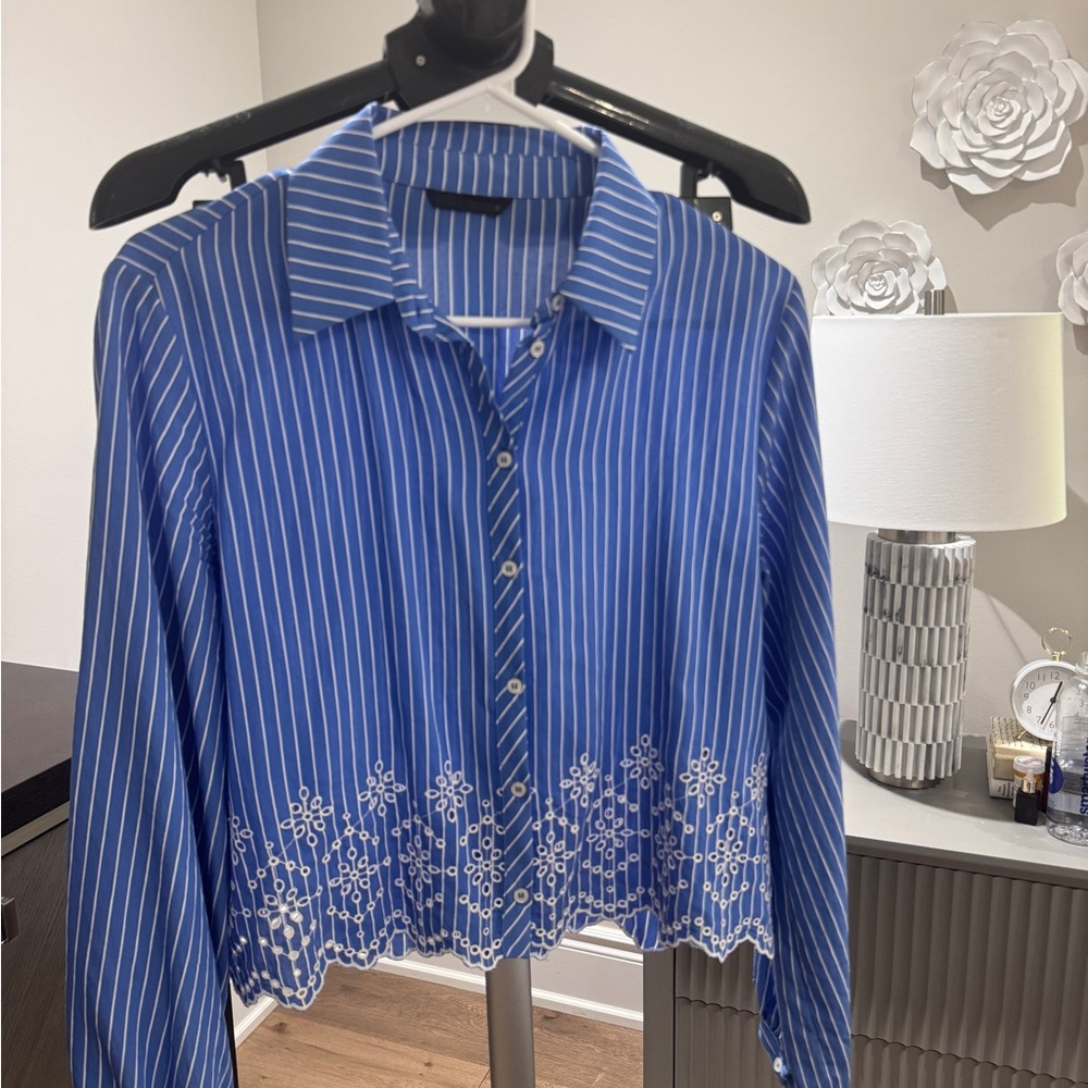 Zara Blue Striped Button Down Shirt with Embroidered Hem